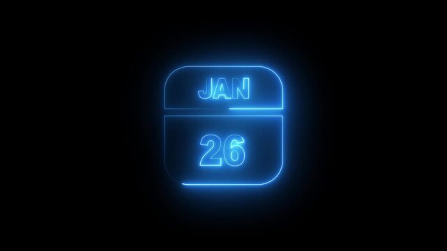 Neon glowing calendar date january 26th animation on black background