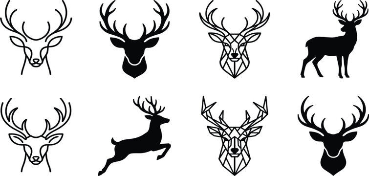 Deer head and full body icon set featuring minimalist line geometric polygonal and solid silhouette designs