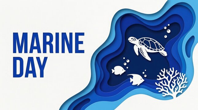 Marine Day creative template with paper cut style layered background showing turtle and fish underwater scene