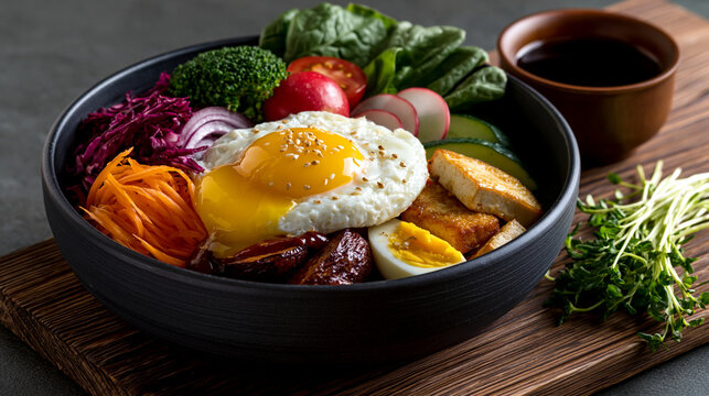 Colorful bibimbap with egg tofu and vegetables highlighting sarcopenia prevention balanced protein Asian food and healthy aging