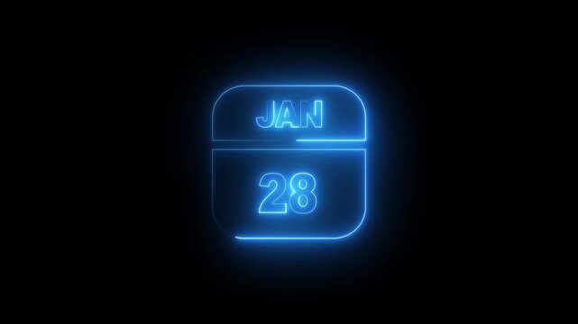 Neon glowing calendar date january 28th animation on black background