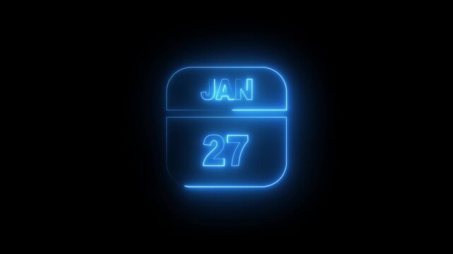 Neon glowing calendar date january 27th animation on black background