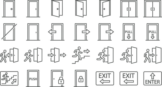 Door and emergency exit line icon set featuring push pull signs, open entryways, and evacuation vectors