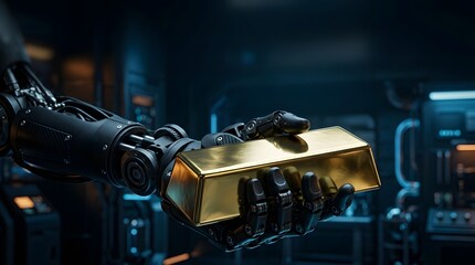 Fototapeta premium Robotic hand holding golden cube in digital environment