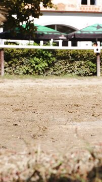 Horse hooves splashing in to water puddle close up slow mov