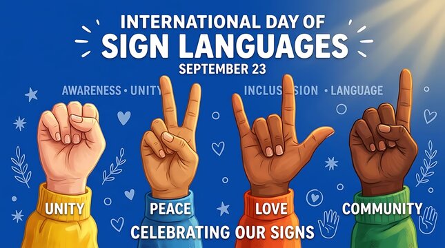 Celebrating International Day of Sign Languages with diverse hands signing love and peace