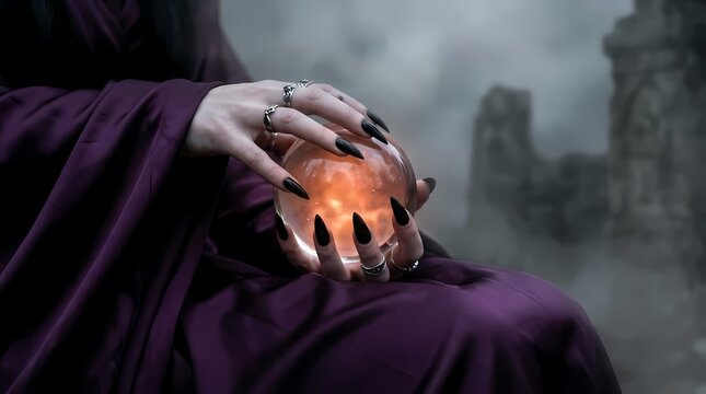 Witch hands holding a glowing crystal ball in fog.