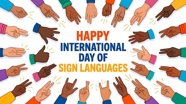Colorful hands signing happy international day of sign languages celebration