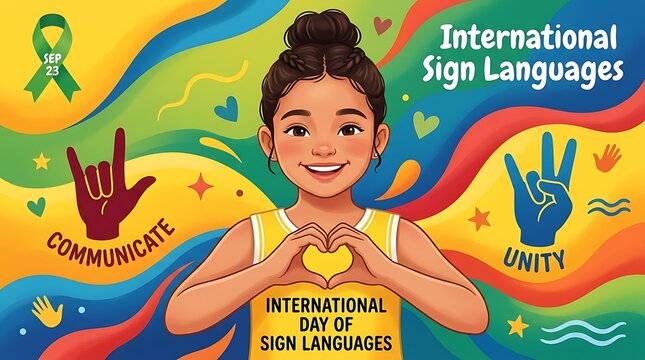 Cheerful girl signing love in vibrant international sign language celebration poster