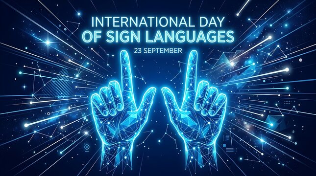 Futuristic digital hands signing in glowing blue light for International Day of Sign Languages
