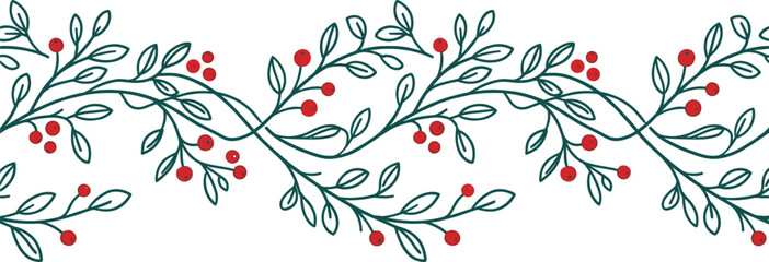 Elegant christmas holly berry horizontal seamless border pattern with green leaves for festive winter holiday decoration © MSTJOSNA