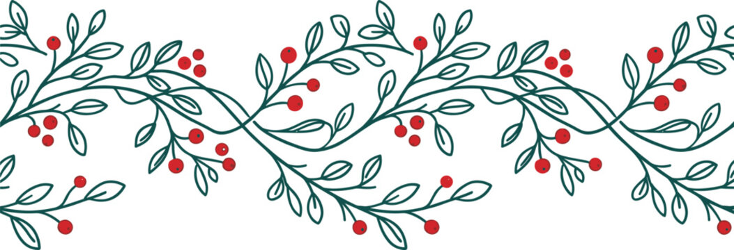 Elegant christmas holly berry horizontal seamless border pattern with green leaves for festive winter holiday decoration