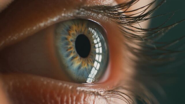 Close up human eye with blue iris reflecting light during macro focus with cinematic shallow depth of field
