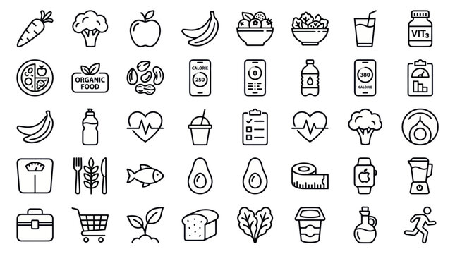 Healthy nutrition and fitness lifestyle line icons