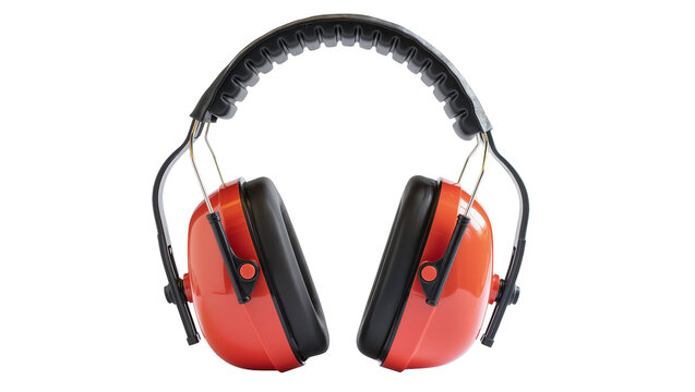 Isolated orange and black ear protection headphones for industrial safety and noise reduction