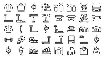 Fototapeta premium Industrial and commercial weighing scale line icon set.