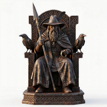 Photorealistic Studio Portrait of Odin Statue in Weathered Iron and Silver