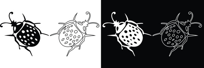 Minimalist ladybug beetle insect vector line art icon set in black and white positive negative space variations © Md