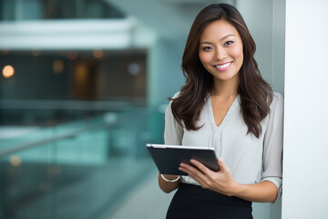 Obraz premium Young attractive Asian female executive, elegant skirt, working on tablet with business dashboard, leadership summit, motivated workforce, premium corporate branding.