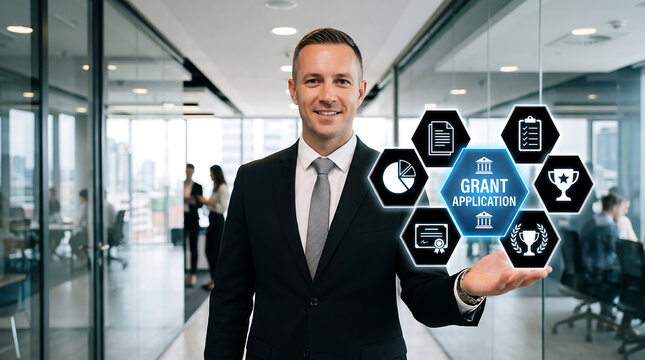 Businessman holding grant application icons, office background, funding concept, entrepreneurship