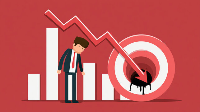 A businessman stands dejectedly next to a declining graph, symbolizing financial loss and challenges in the market. A stark representation of economic downturn in corporate life.