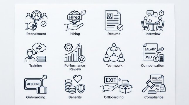 A collection of black line icons representing various stages of employment including hiring, training, and offboarding