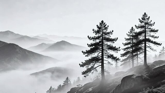 Misty mountain landscape with pine trees