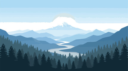 Abstract landscape with mountain peaks and evergreen forest © nuzul