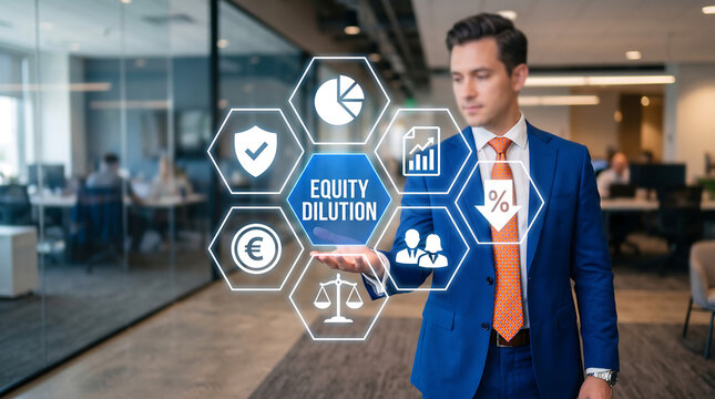 Businessman, equity dilution concept, finance icons, corporate office background