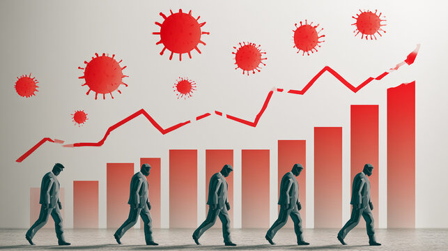 A conceptual image depicting the impact of the pandemic with rising graphs and figures. It illustrates the correlation between health crises and economic trends over time.