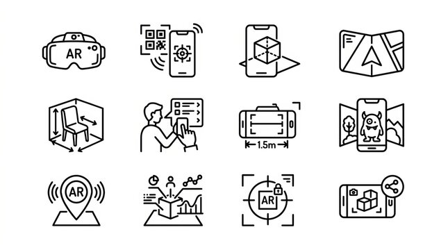 Collection of line art icons representing augmented reality technology and its applications