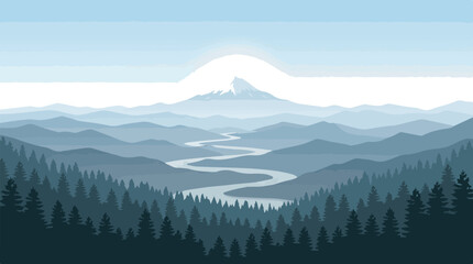 Scenic nature view with snowy mountain and coniferous forest © nuzul