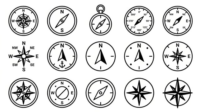 Collection of vintage and modern compass icons for navigation and exploration