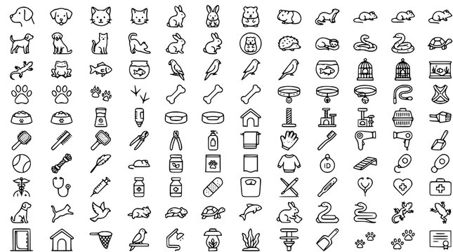 :
Pets Editable Stroke Line Icon Set with Cat Dog Rabbit Fish Bird and Domestic Animal Vector Symbols