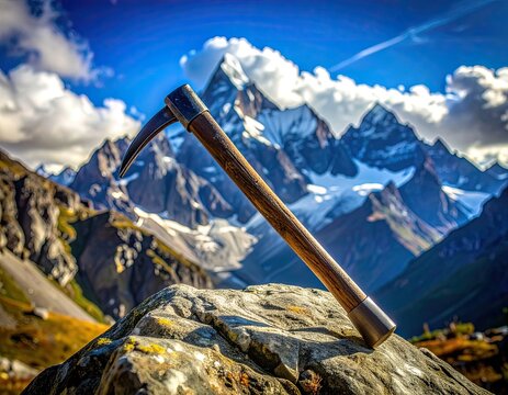 An ice axe rests on a rock in the foreground with a majestic, snow-capped mountain range in the background.