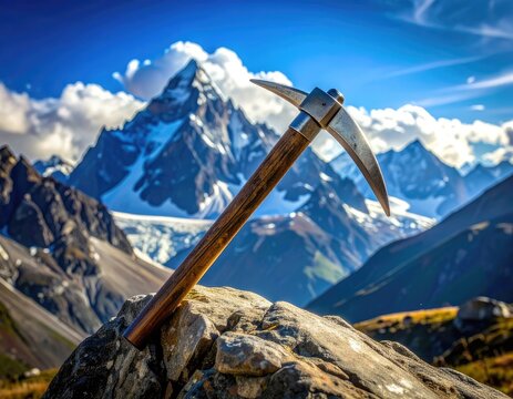 A pickaxe rests on a rock in the foreground with majestic, snow-capped mountains under a bright blue sky.