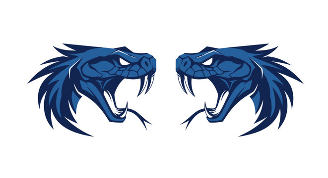 Fierce Blue Snake Heads with Open Mouths and Sharp Fangs.