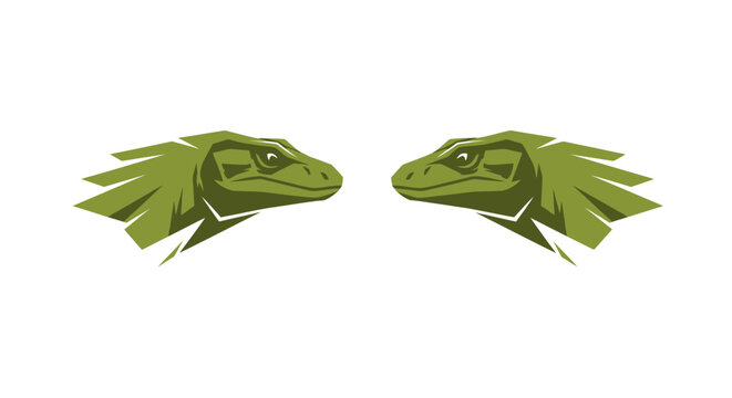 Two Green Lizard Heads Facing Each Other.