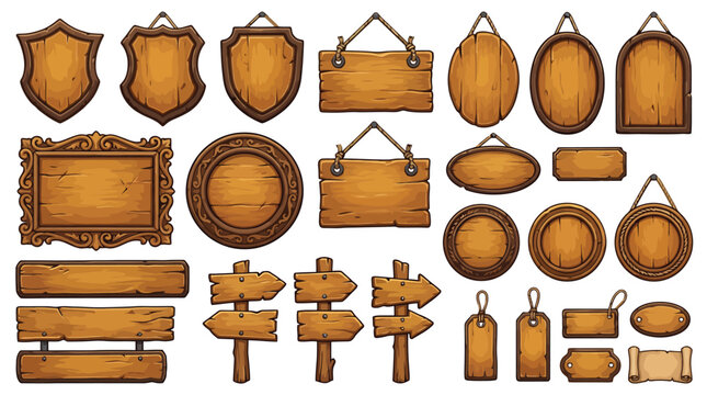 Rustic wooden signs and banners collection, 25 vintage wood planks and hanging boards vector, medieval shield and arrow signboard set for games
