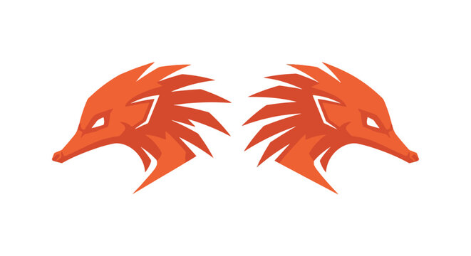 Pair of Stylized Red Wolf Heads Facing Each Other.