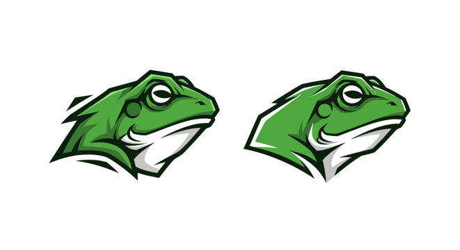 Two Green Cartoon Frog Heads Side by Side.