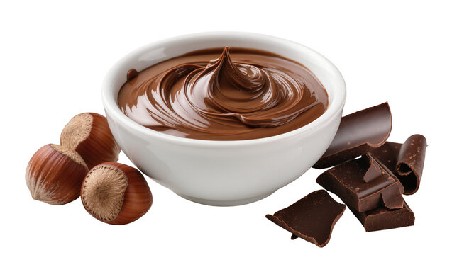 Isolated rich chocolate hazelnut spread in white bowl with whole hazelnuts and dark chocolate pieces