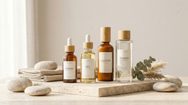 Elegant Skincare Bottles on Travertine Stone with Natural Light