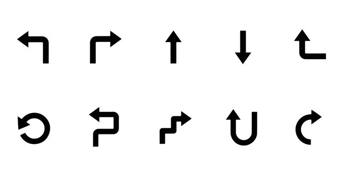 Set of simple black navigational arrows and direction symbols with u turn navigation direction collection wayfinding interface pictogram