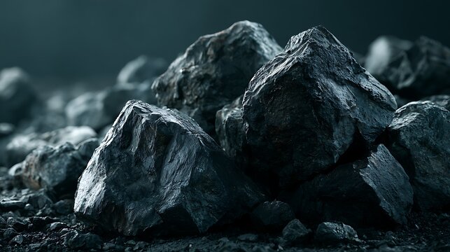 Pile of coal rocks on a dark background, industrial raw material