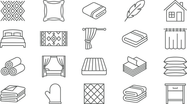Home textile and bedding line icon set featuring pillows blankets curtains mattresses towels and bedroom vectors