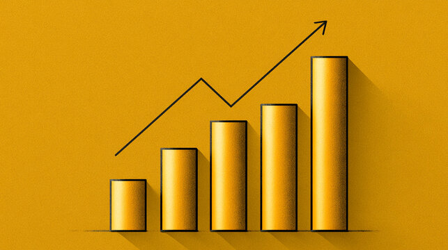A stylish illustration of a growing bar chart on a vibrant yellow background, symbolizing success, progress, and financial growth in business and investment.