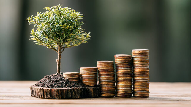 A symbolic representation of growth, featuring a small tree emerging from soil alongside stacks of coins, illustrating the connection between nature and financial progress.
