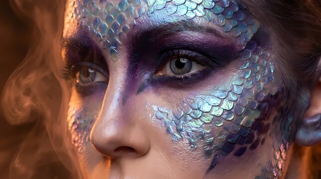 Woman with iridescent blue scale fantasy makeup.