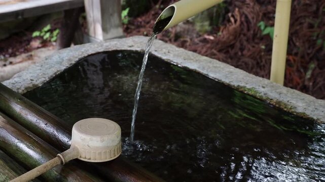 夏の観光名所平湯温泉の平湯神社の手水舎の風景